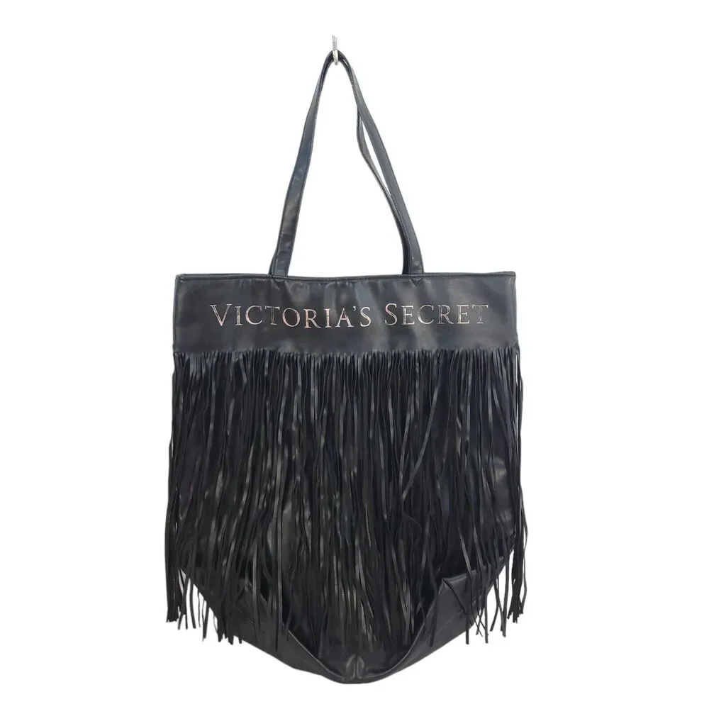 Victorias Secret Womens Black Faux Leather Flirty Fringe Tote Shoulder Bag
